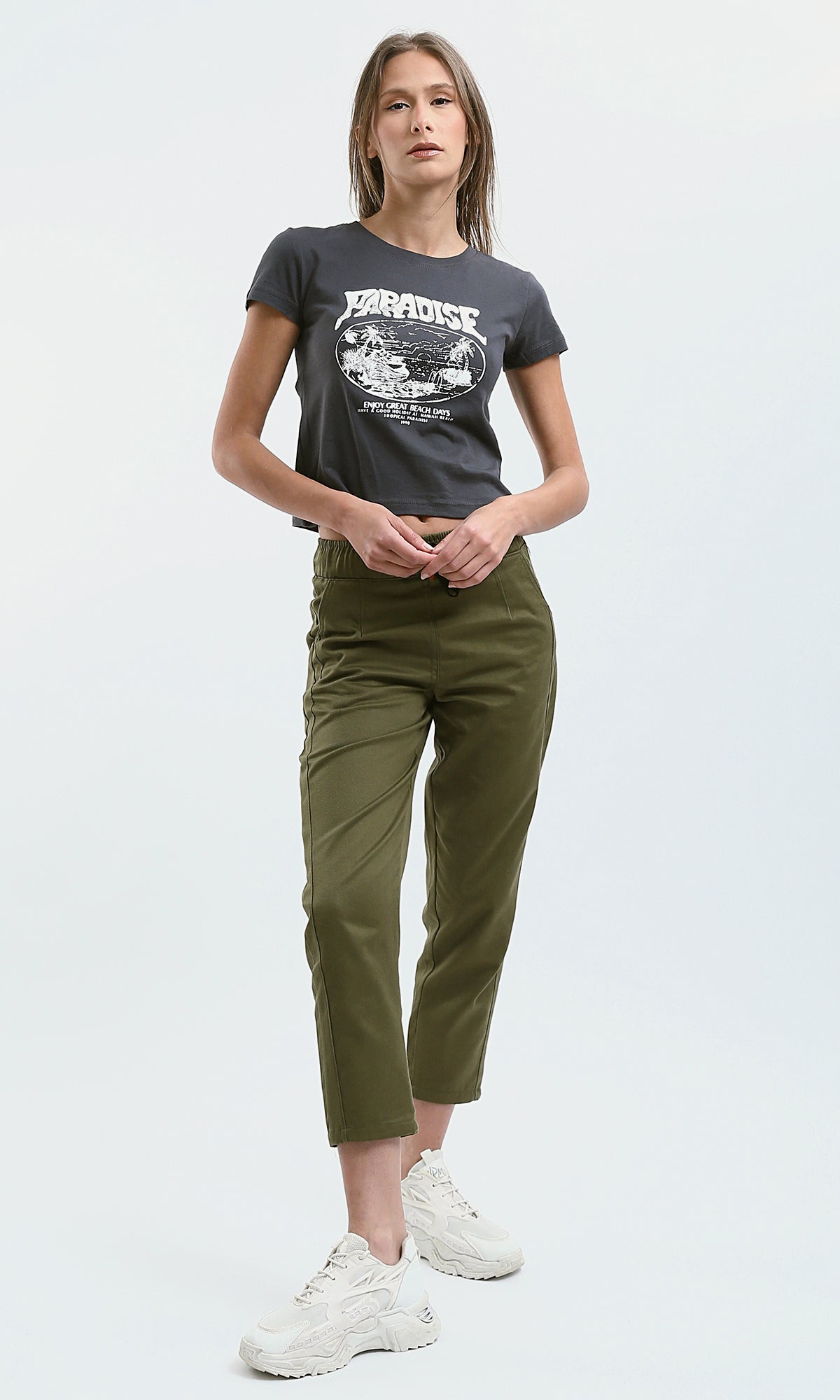 O189253 Slip On Relaxed Fit Printed ''Paradise Dark Grey Tee