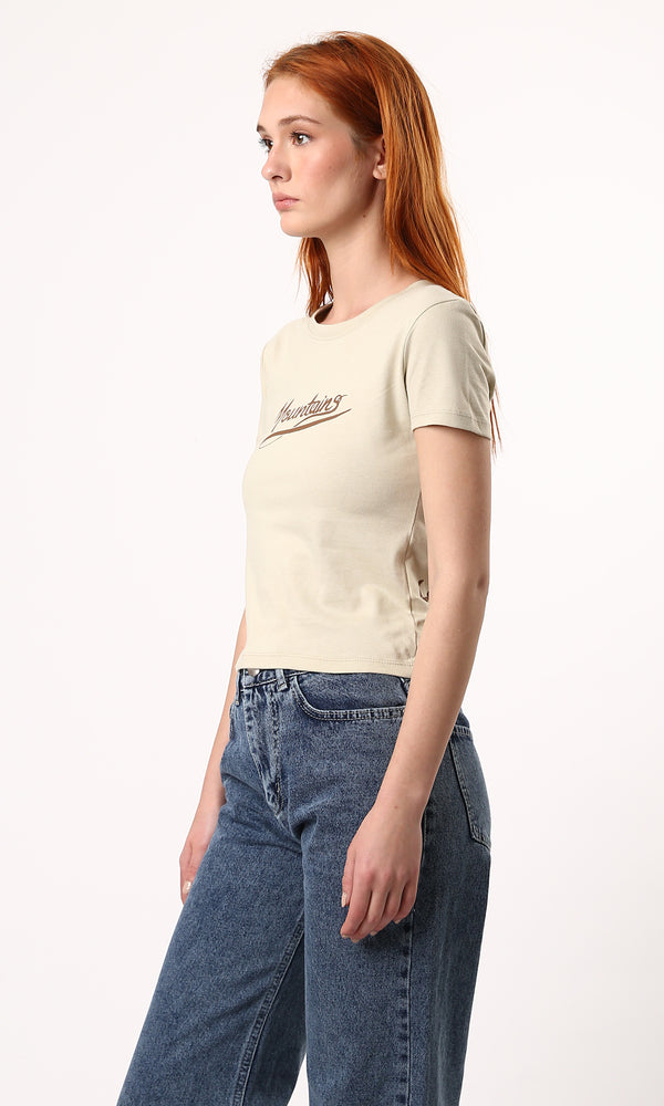 O189257 Crew Neck Printed Beige Short Sleeves Tee