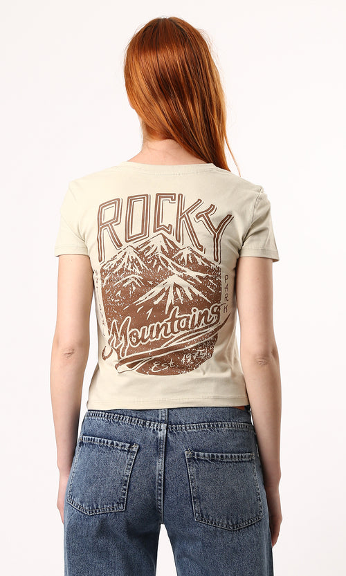 O189257 Crew Neck Printed Beige Short Sleeves Tee