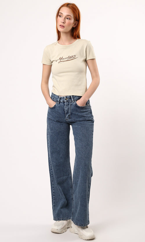 O189257 Crew Neck Printed Beige Short Sleeves Tee