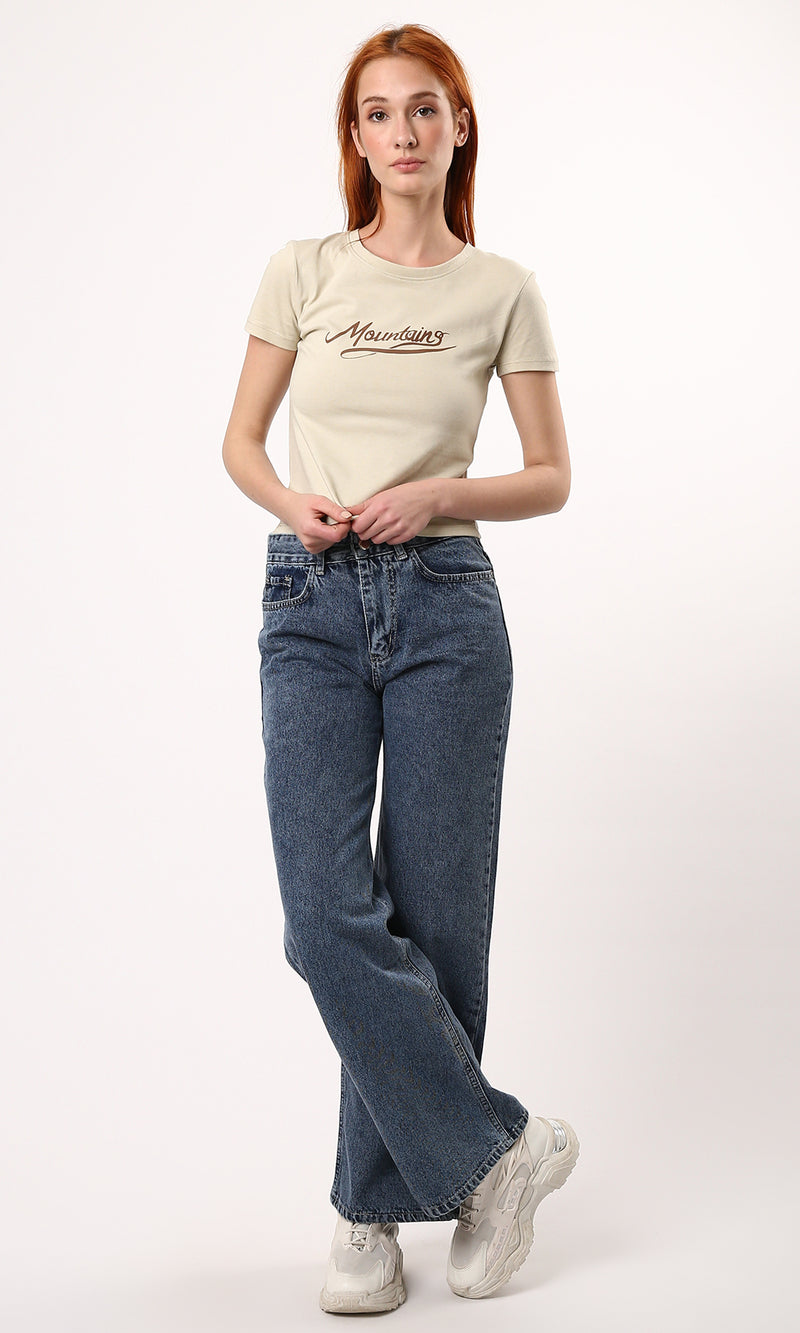 O189257 Crew Neck Printed Beige Short Sleeves Tee