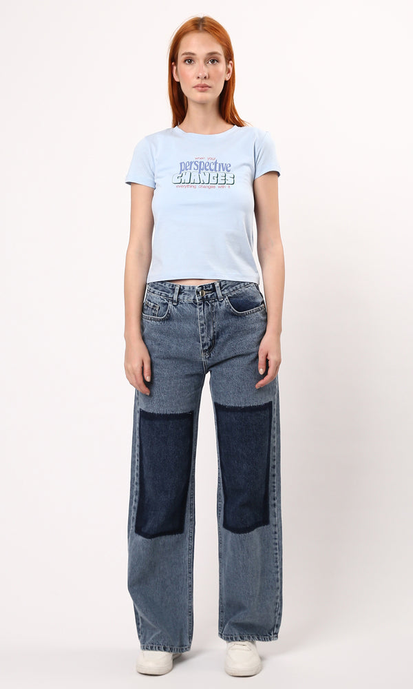 O189260 Front Print Light Blue Short Sleeves Tee