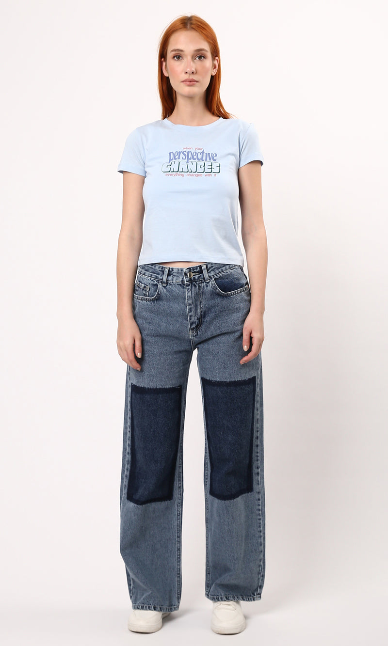 O189260 Front Print Light Blue Short Sleeves Tee