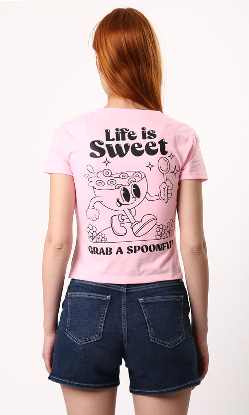 O189261 Front & Back Print "Life Is Sweet" Dark Rose Tee