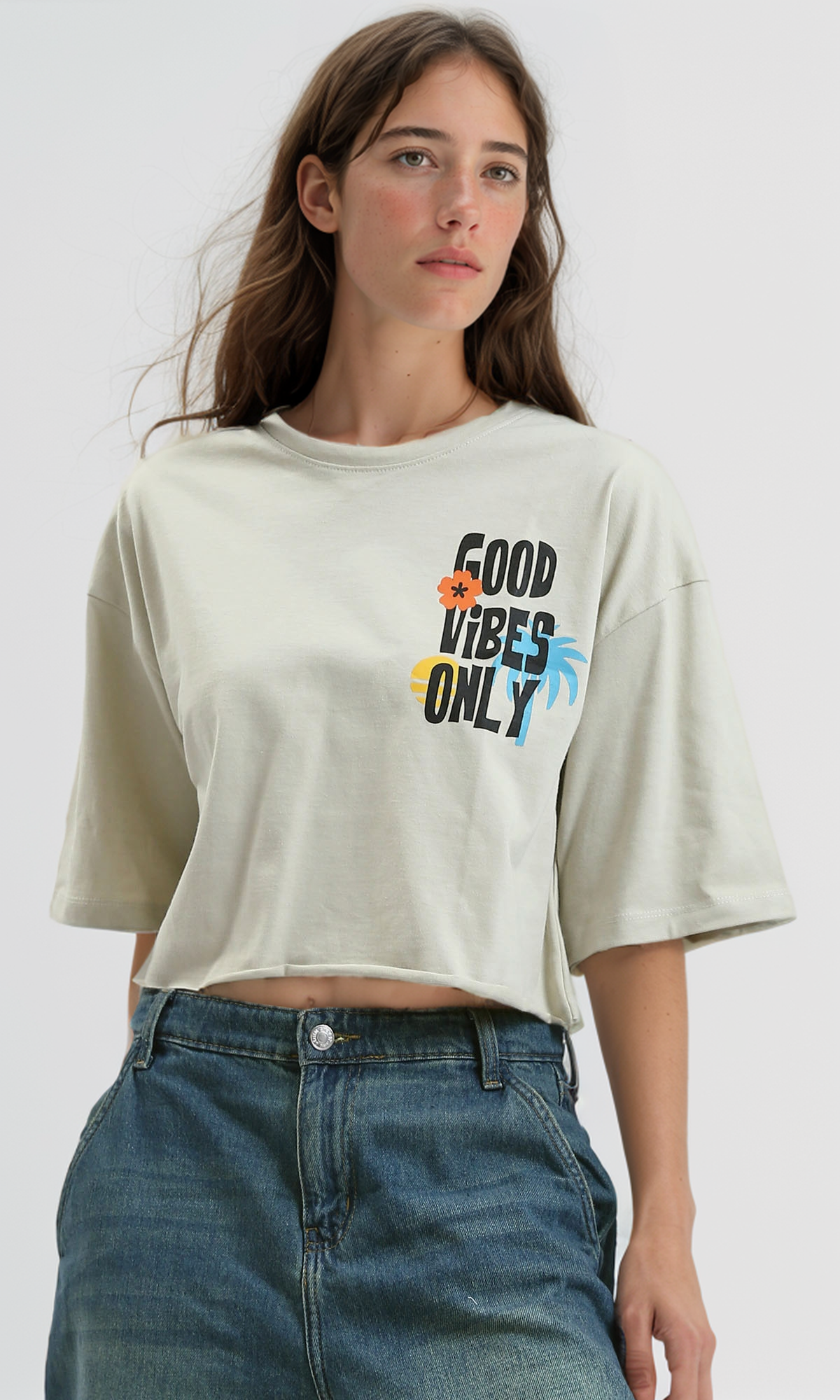 O189267 Beige Printed Cotton Tee With Elbow-Sleeves