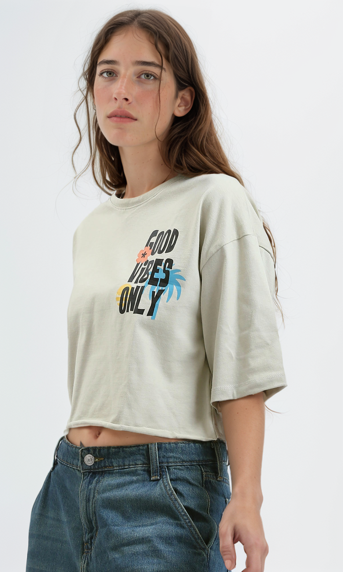 O189267 Beige Printed Cotton Tee With Elbow-Sleeves