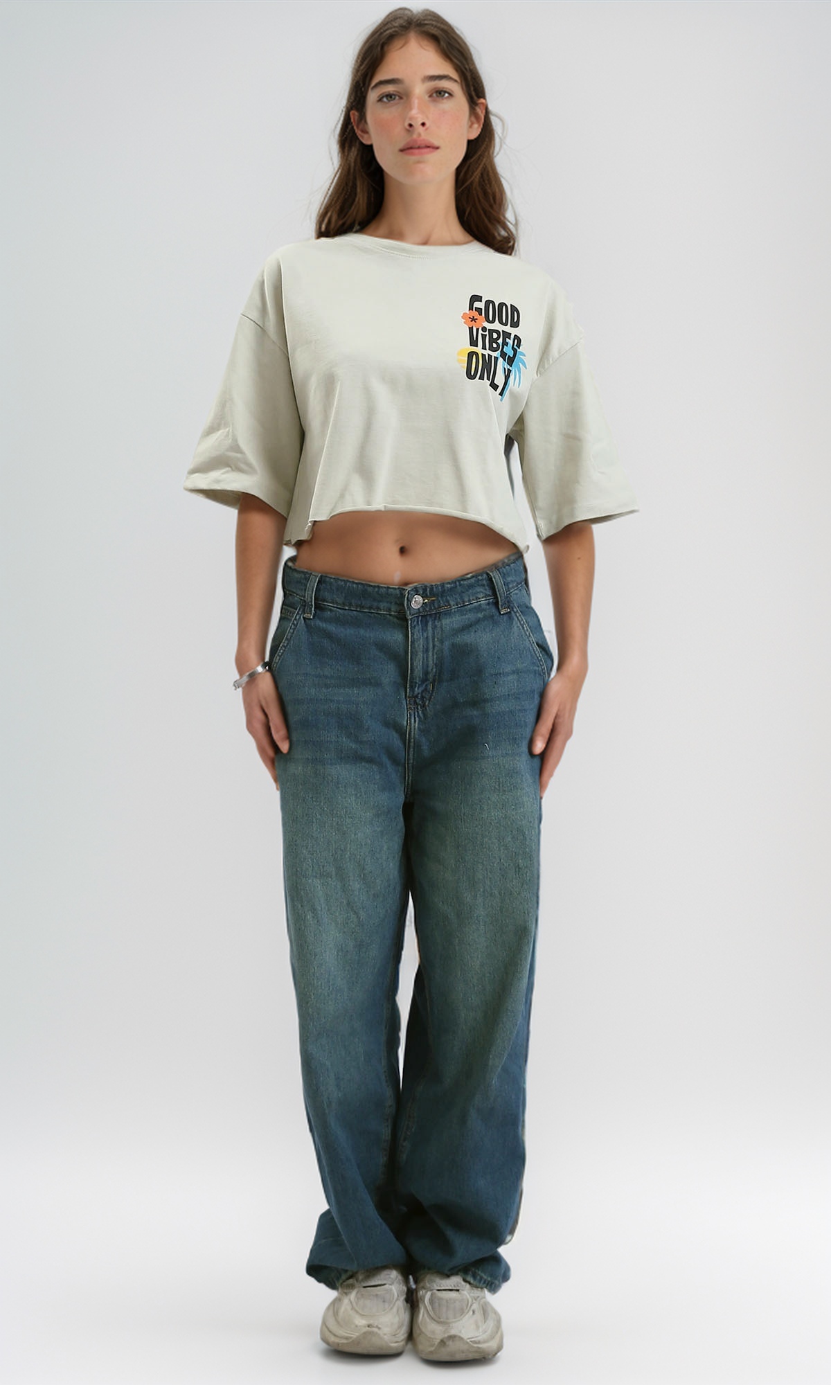 O189267 Beige Printed Cotton Tee With Elbow-Sleeves