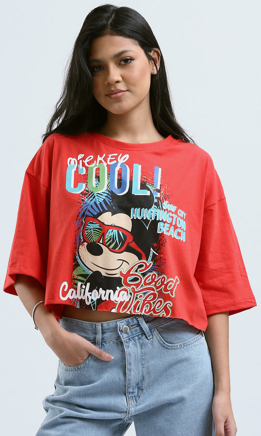 O189268 Fashionable Printed "Mickey Mouse" Red Tee