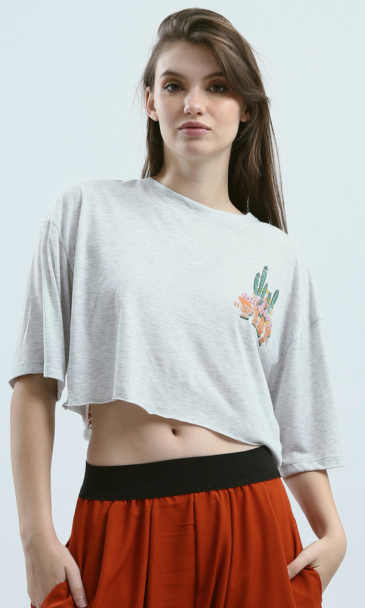 O189271 Heather Light Grey Printed Tee With Front Print & Back