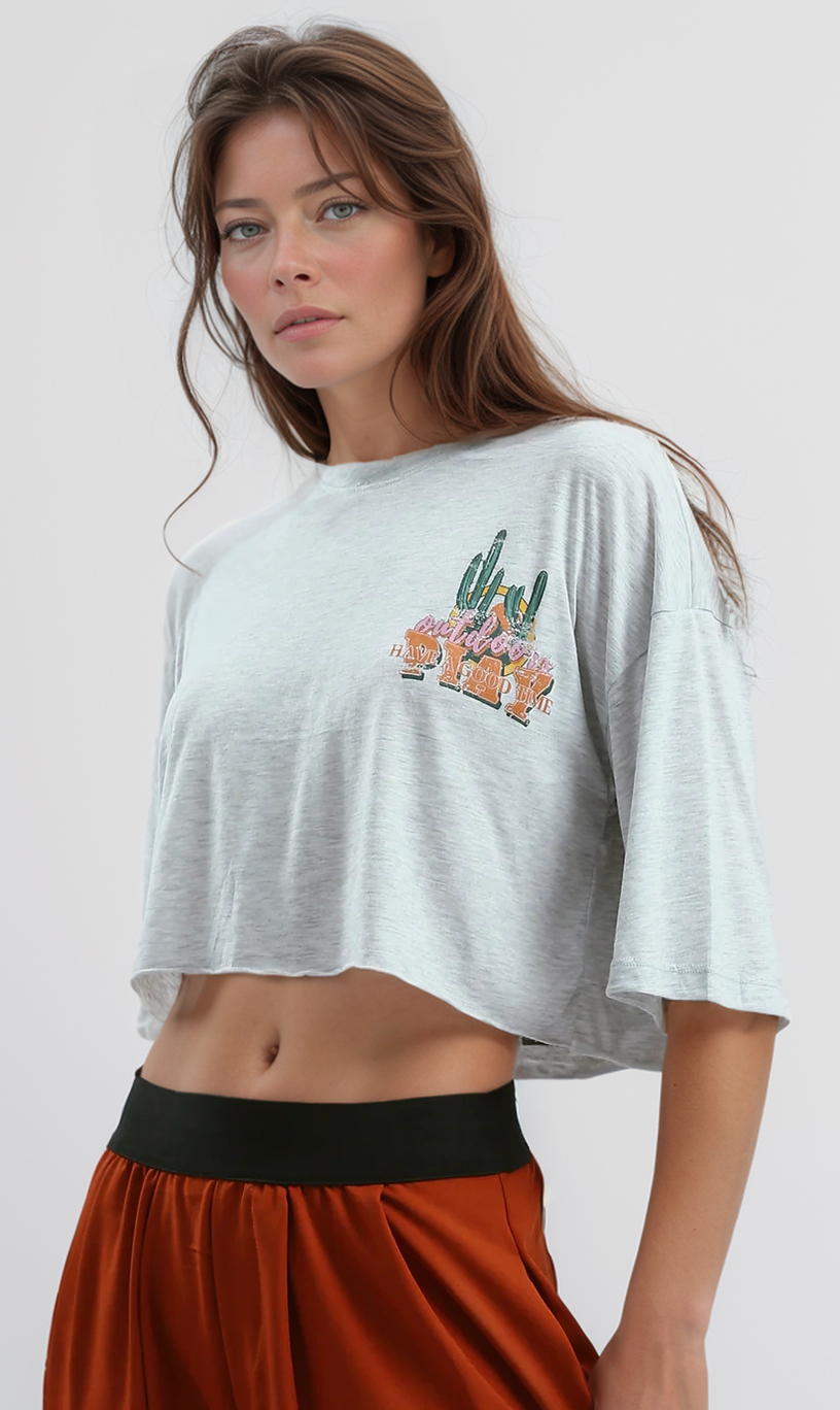 O189271 Heather Light Grey Printed Tee With Front Print & Back