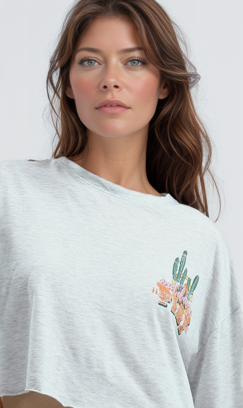 O189271 Heather Light Grey Printed Tee With Front Print & Back