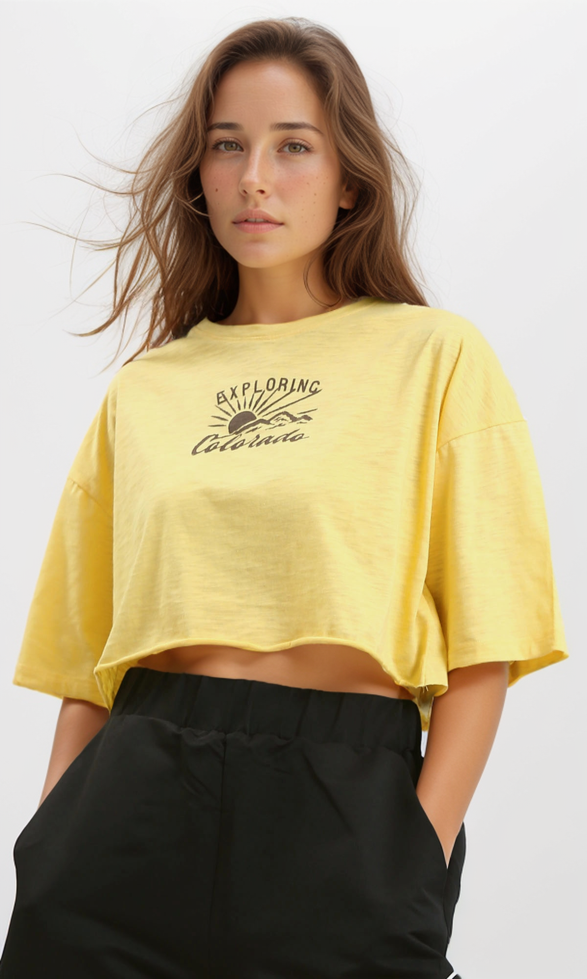 O189272 Heather Light Yellow Elbow Sleeves Printed "Exploring" Tee