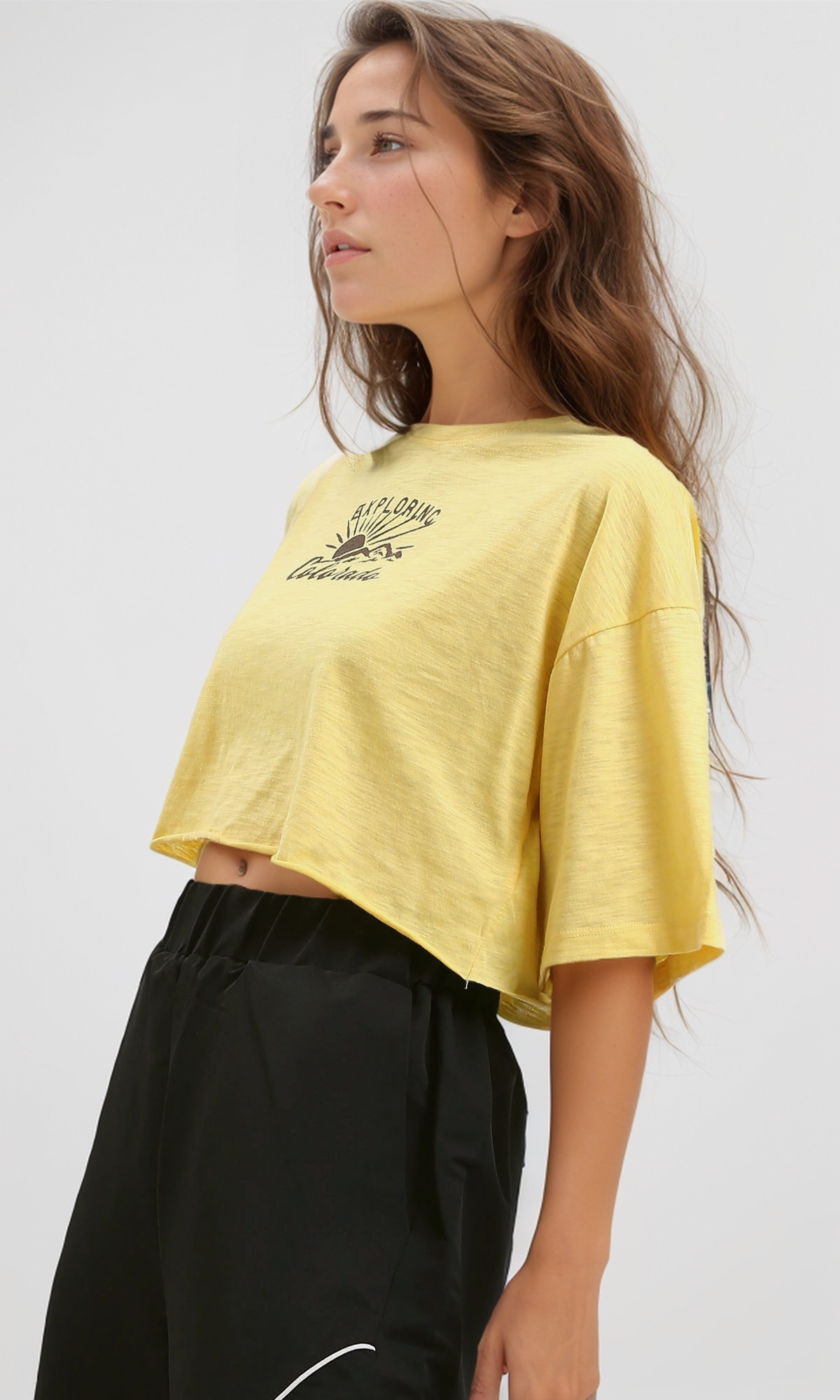 O189272 Heather Light Yellow Elbow Sleeves Printed "Exploring" Tee