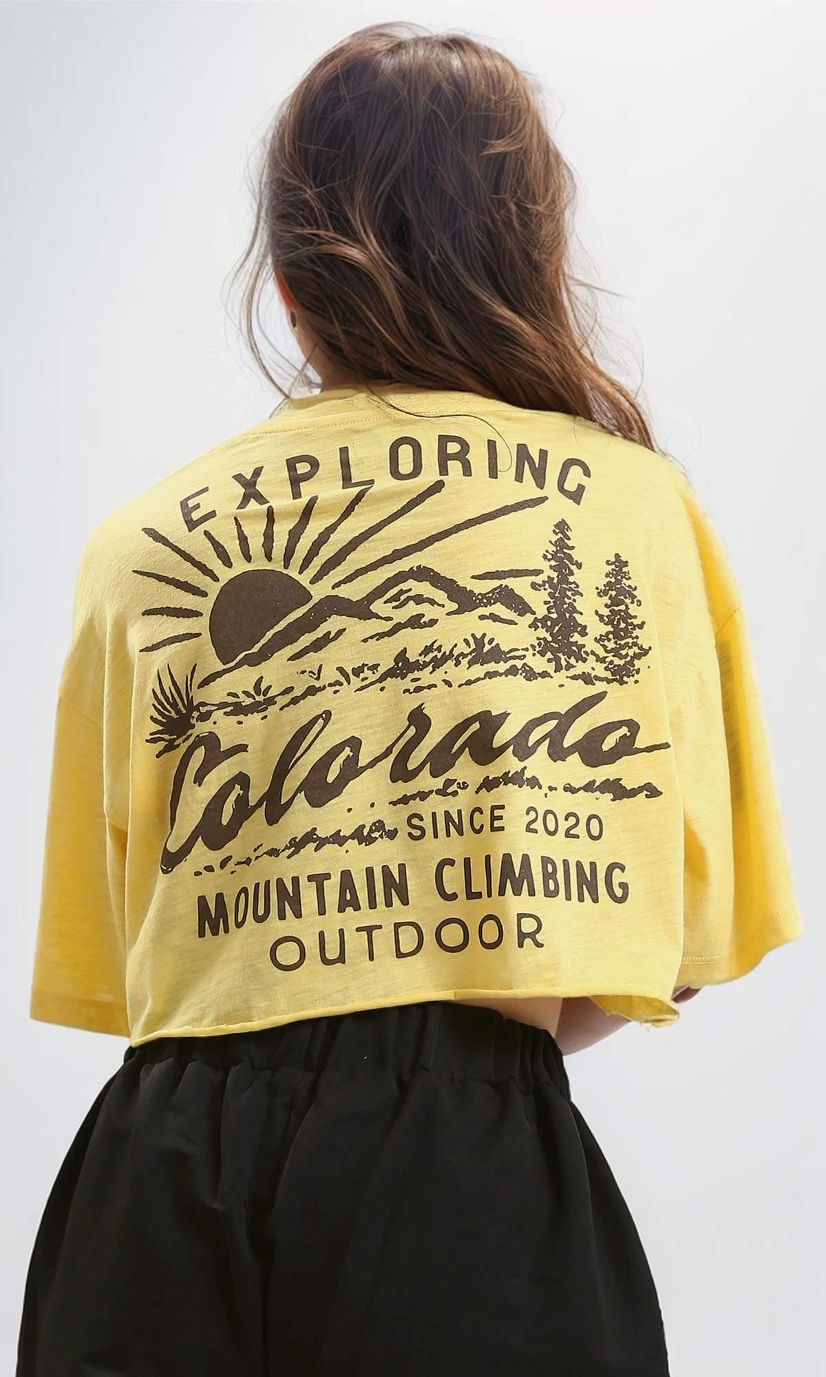 O189272 Heather Light Yellow Elbow Sleeves Printed "Exploring" Tee