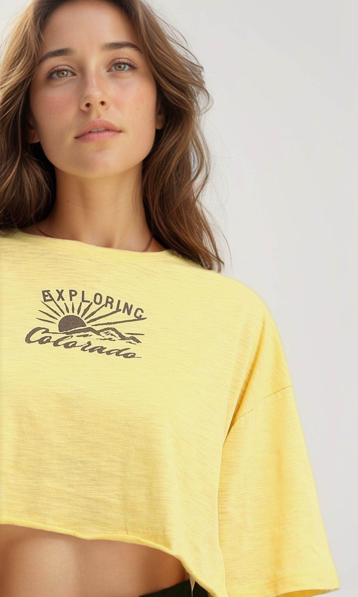 O189272 Heather Light Yellow Elbow Sleeves Printed "Exploring" Tee