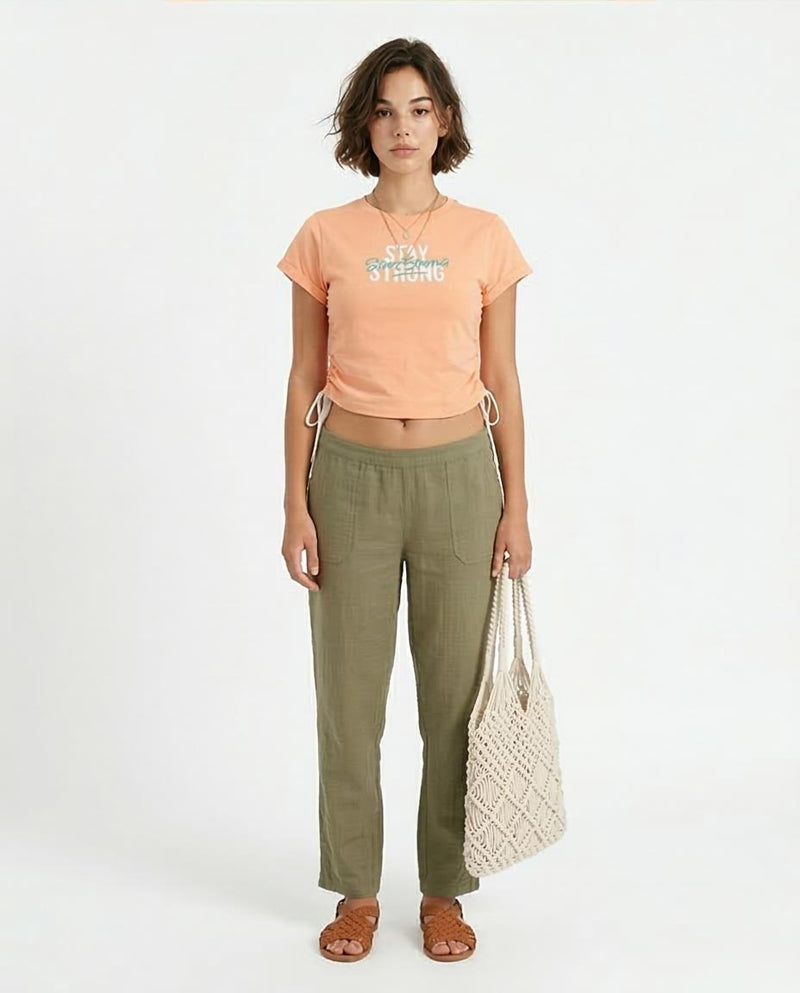 Ravin Women's Side-Cinched Graphic Tee – Peach "Stay Strong" - O189274