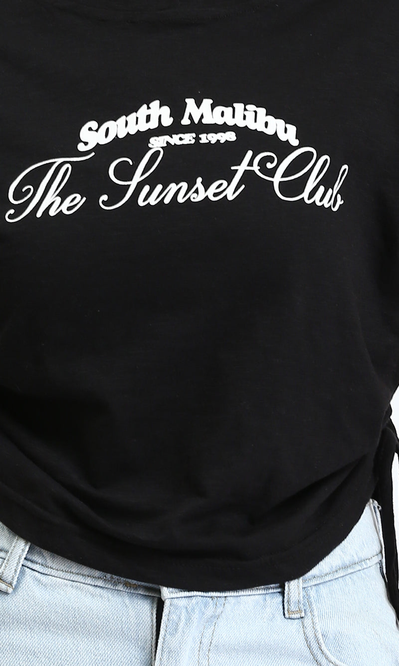 O189278 - Short Sleeves Round Neck Tee with Drawstring - Black