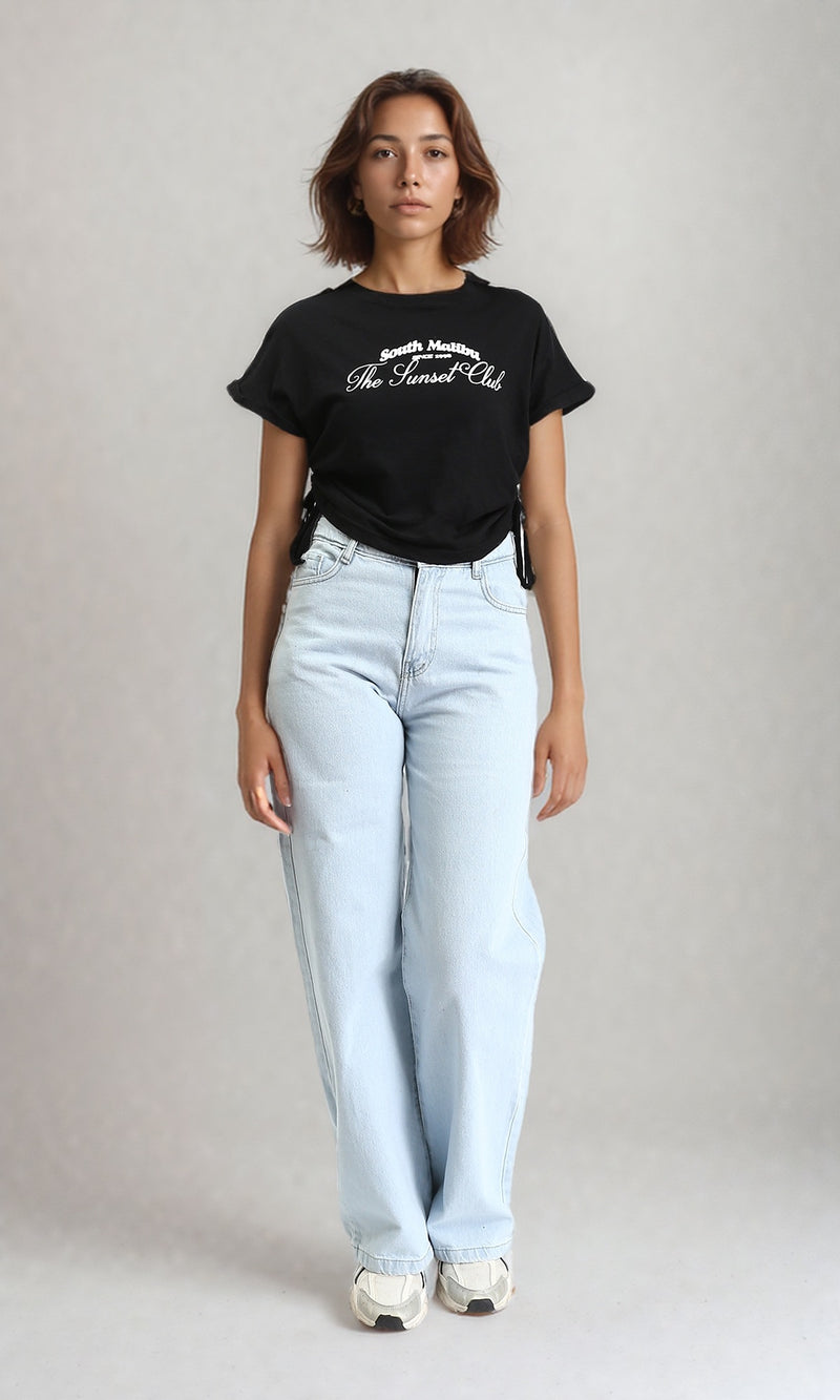 O189278 - Short Sleeves Round Neck Tee with Drawstring - Black