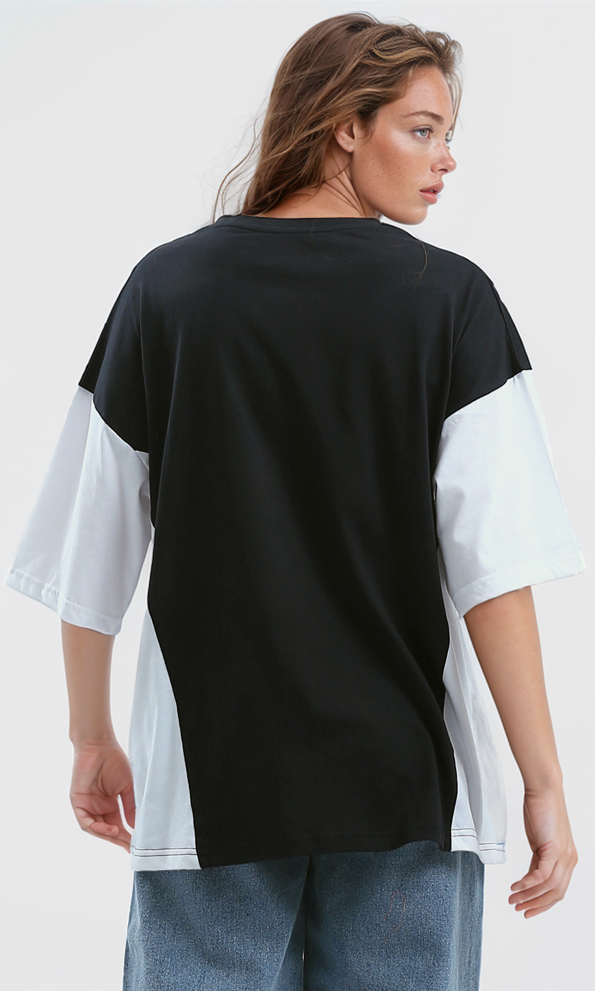 O189279 Relaxed Fit Black And White Long Tee With Elbow-Sleeves