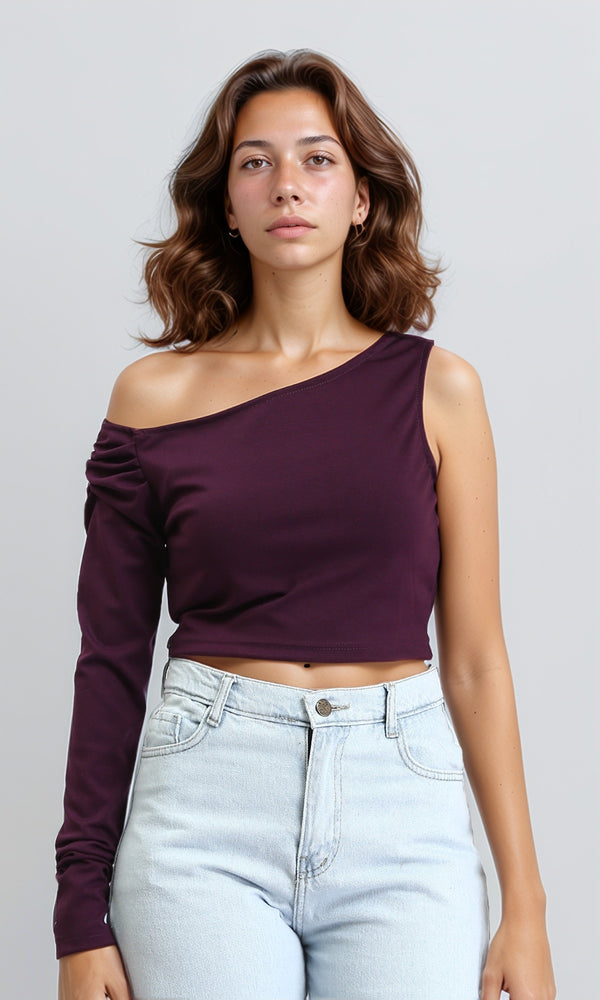 O189284 - Asymmetric One-Sleeve Crop Top - Plum