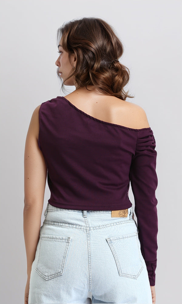 O189284 - Asymmetric One-Sleeve Crop Top - Plum