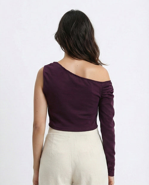O189284 - Asymmetric One-Sleeve Crop Top - Plum