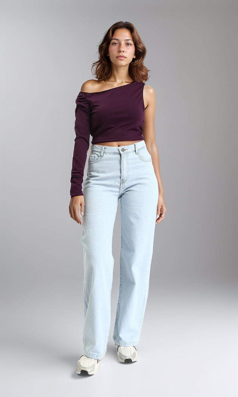 O189284 - Asymmetric One-Sleeve Crop Top - Plum