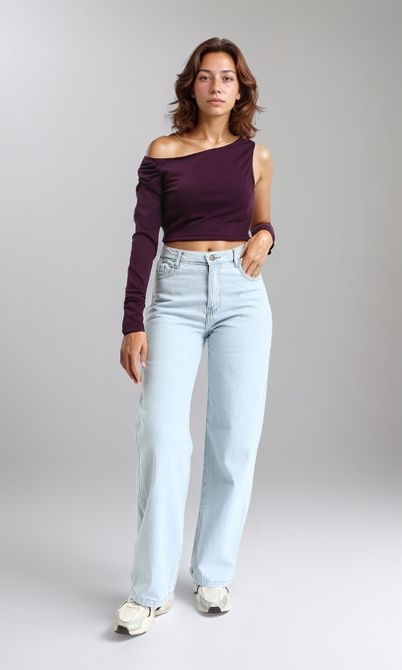 O189284 - Asymmetric One-Sleeve Crop Top - Plum