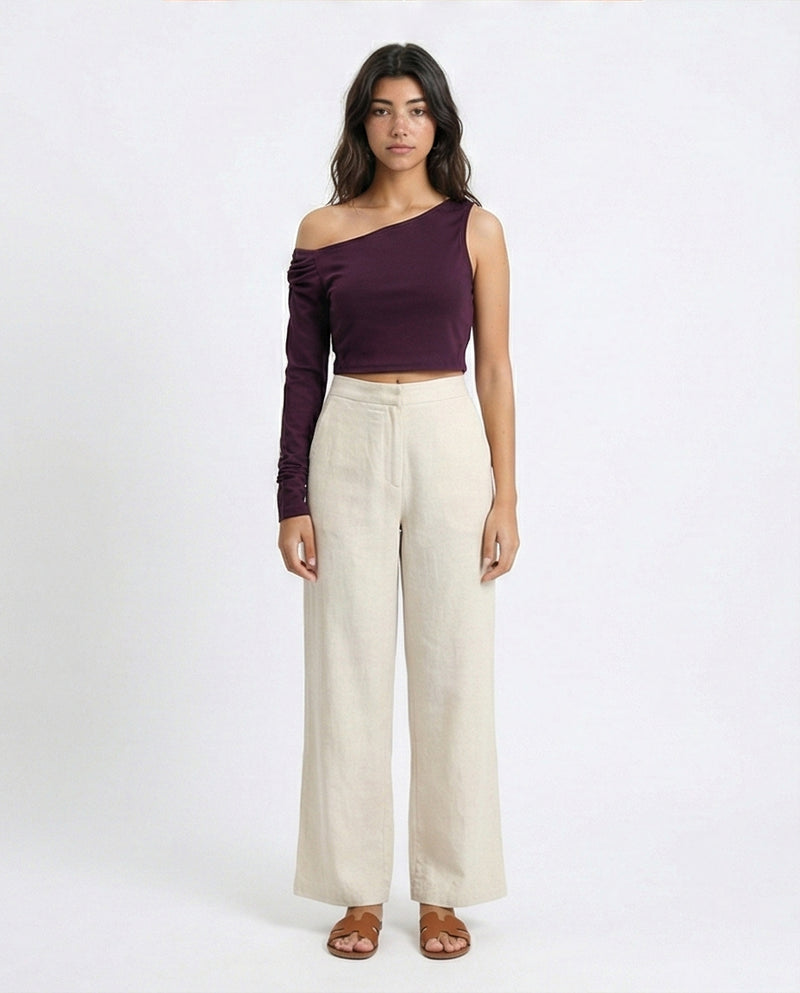 O189284 - Asymmetric One-Sleeve Crop Top - Plum