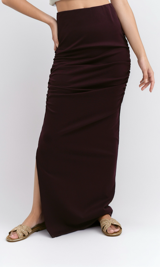 O189288 Solid Dark Purple Skirt With Side Ruffle