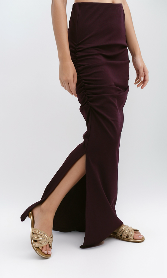 O189288 Solid Dark Purple Skirt With Side Ruffle