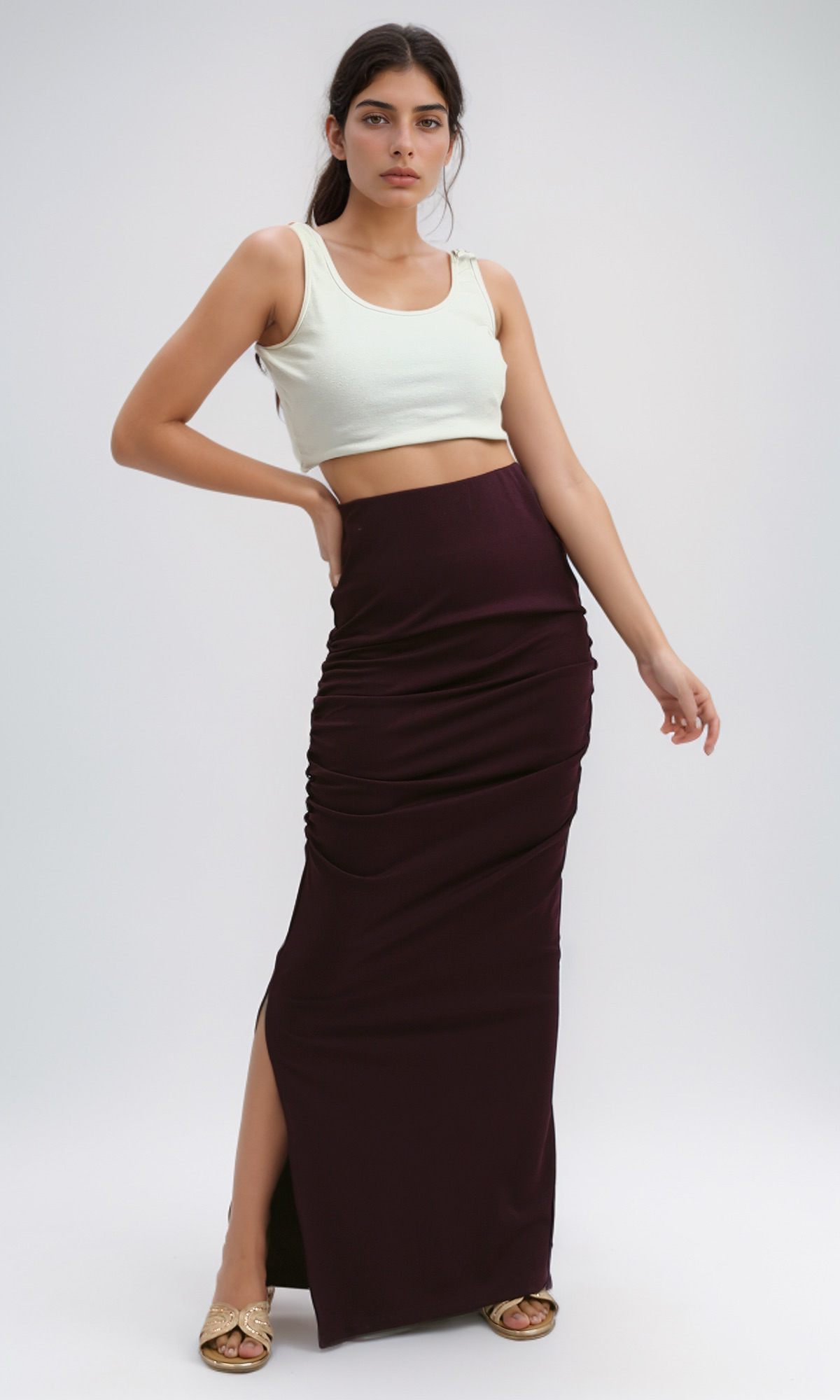 O189288 Solid Dark Purple Skirt With Side Ruffle