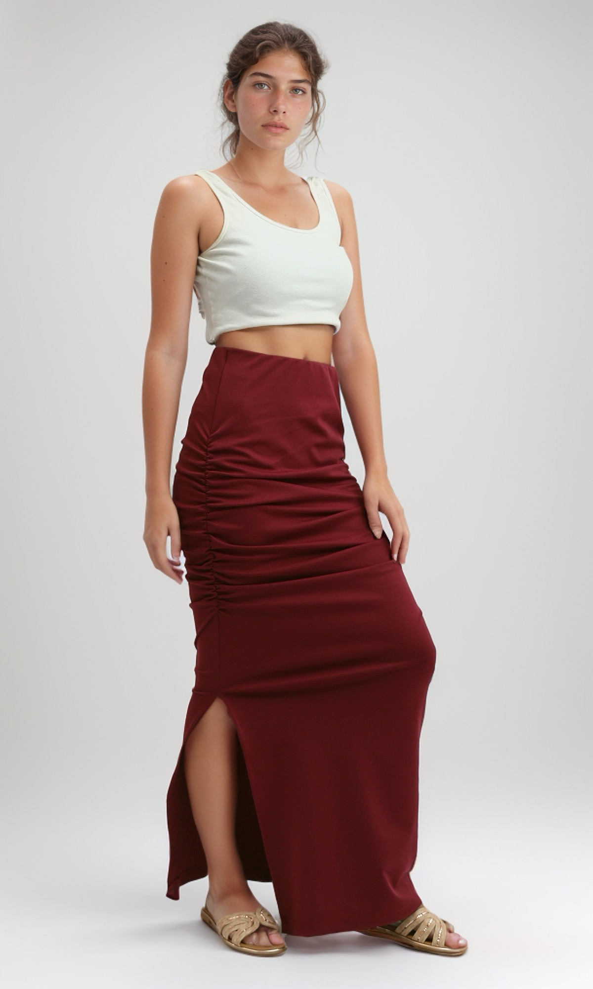 O189290 Dark Fushia Slip On Skirt With Slits
