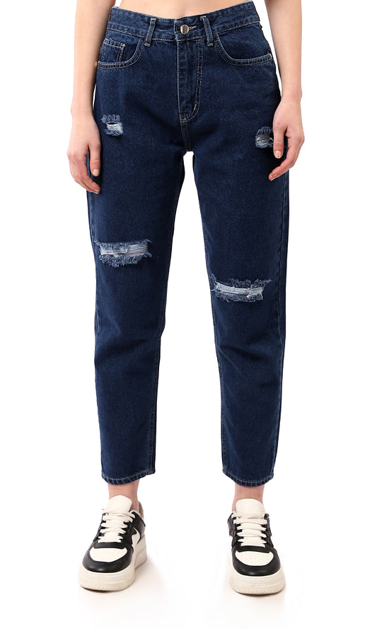 O189374 Navy Blue Mom-Fit Jeans With Front Ripped