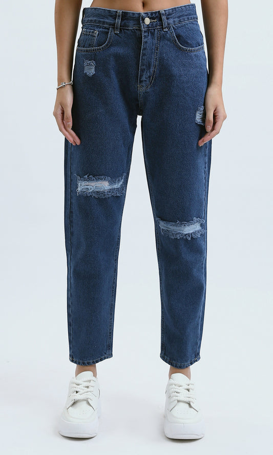O189375 Front Ripped Mom-Fit Standard Blue Jeans