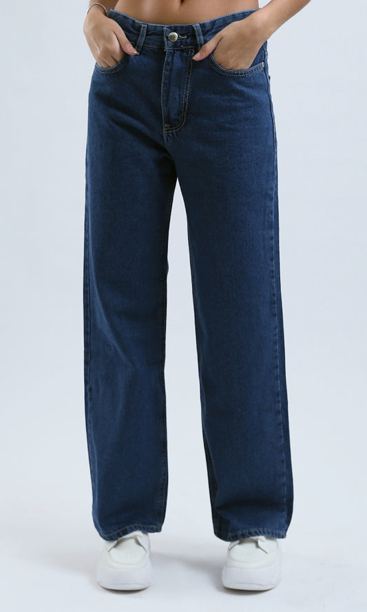 O189381 Solid Wide Leg Dark Blue Casual Jeans 