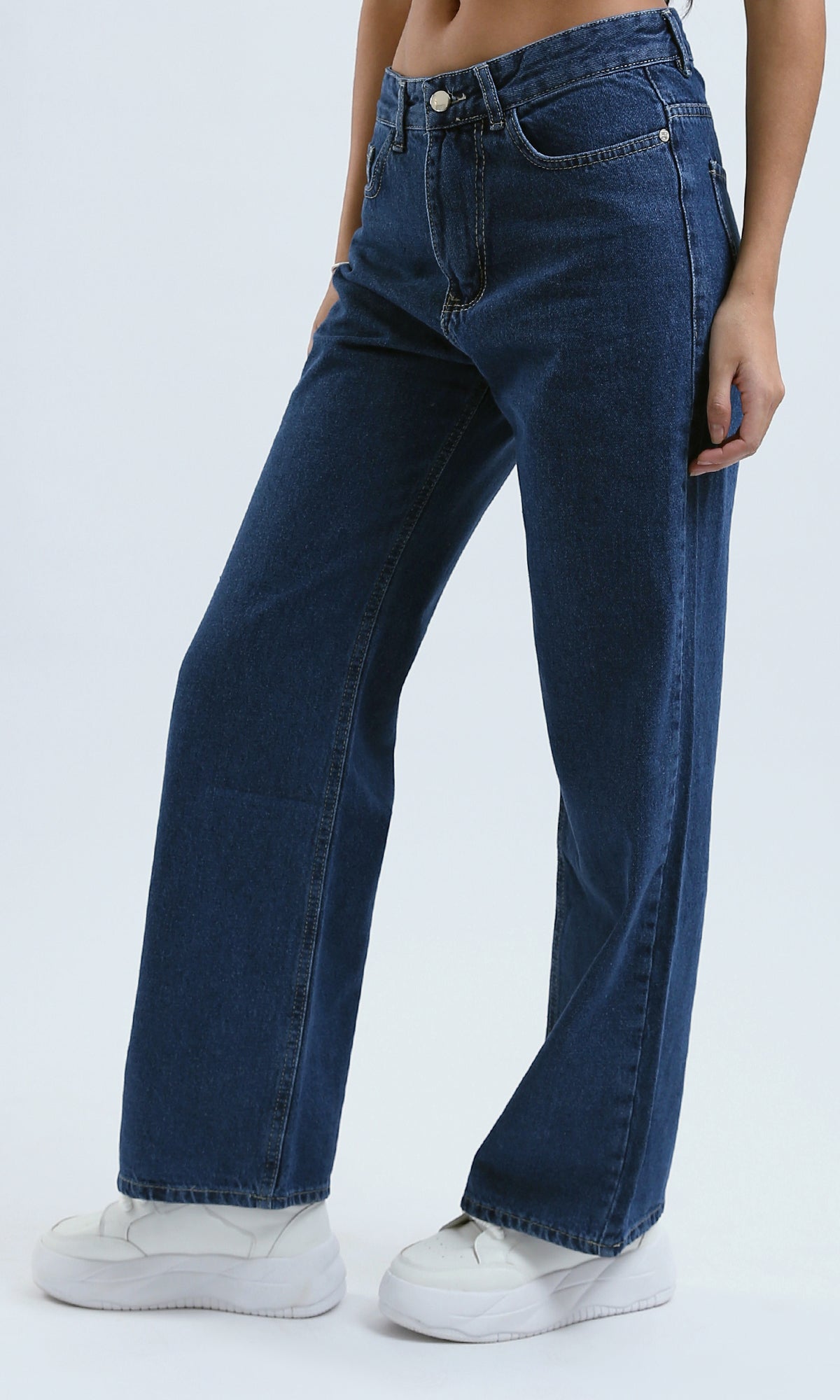 O189381 Solid Wide Leg Dark Blue Casual Jeans 