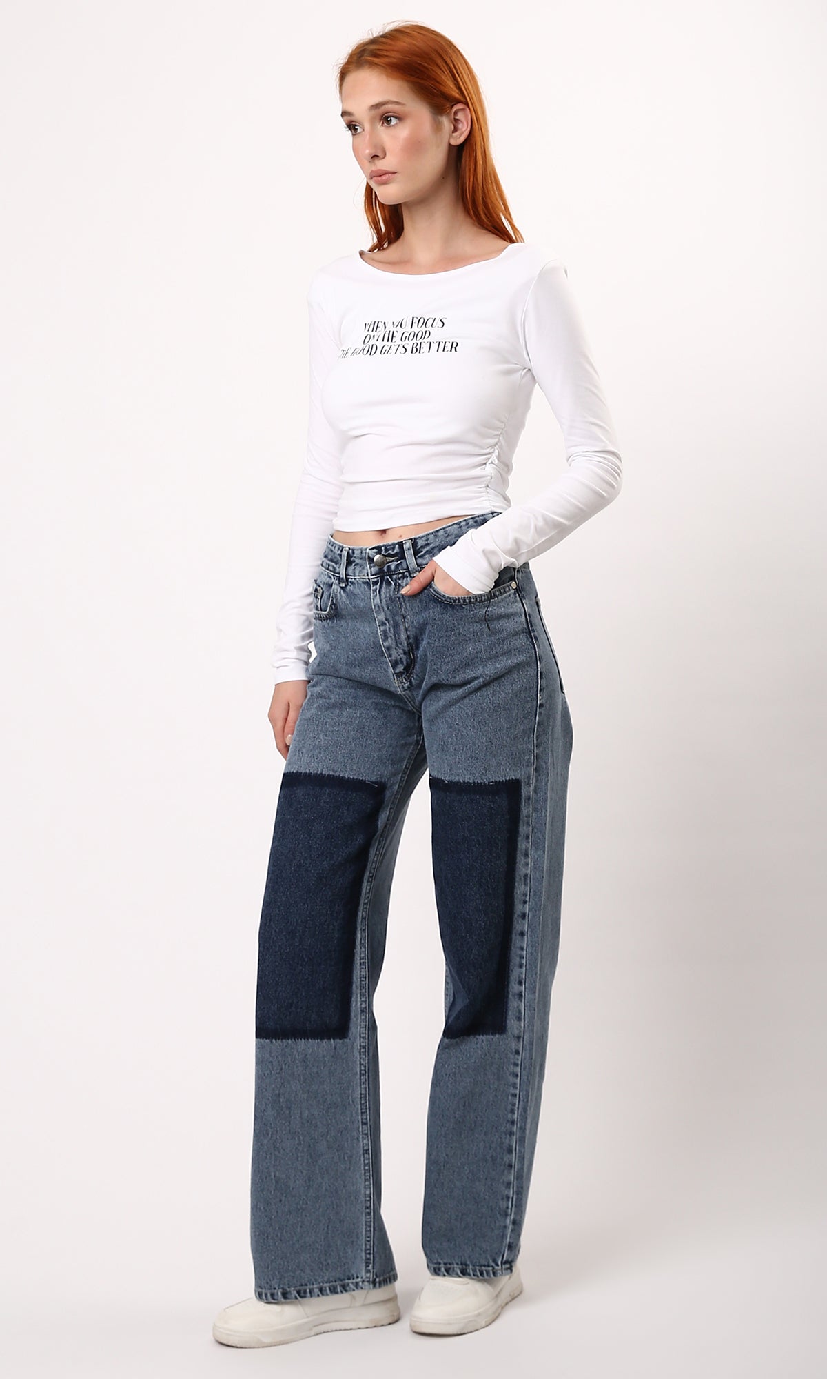 O189382 Standard Blue Wide Leg Jeans With Front Patches
