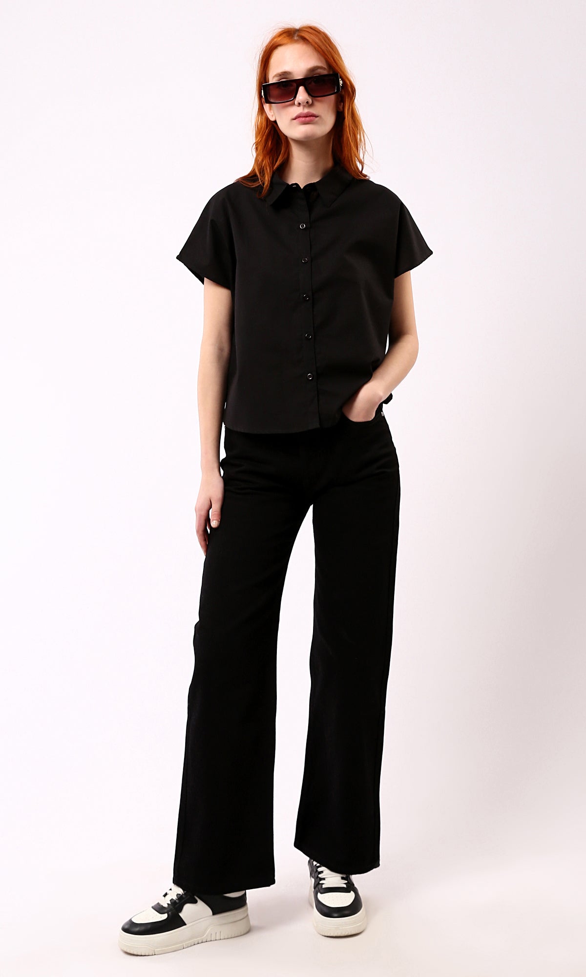 O189384 Solid Black Wide-Leg Casual Jeans