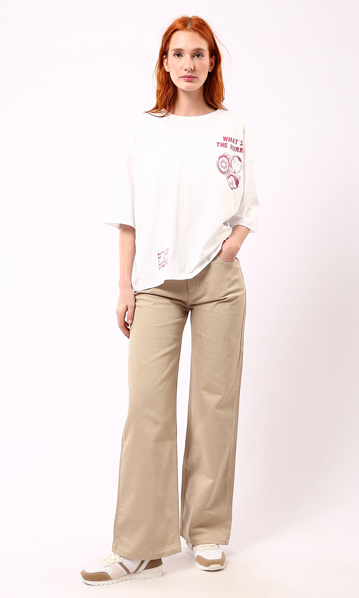O189385 Beige Wide-Leg Casual Jeans With Pockets