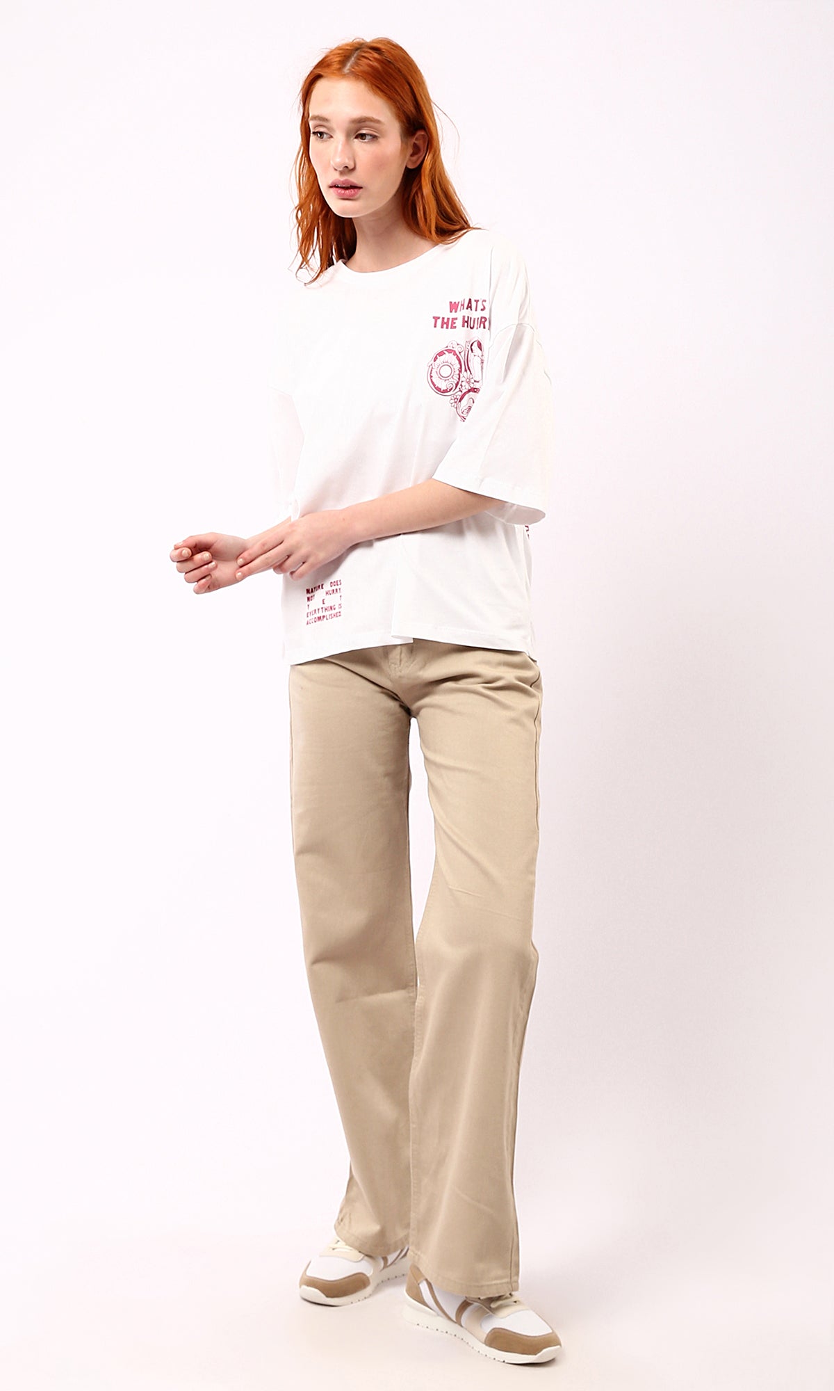 O189385 Beige Wide-Leg Casual Jeans With Pockets