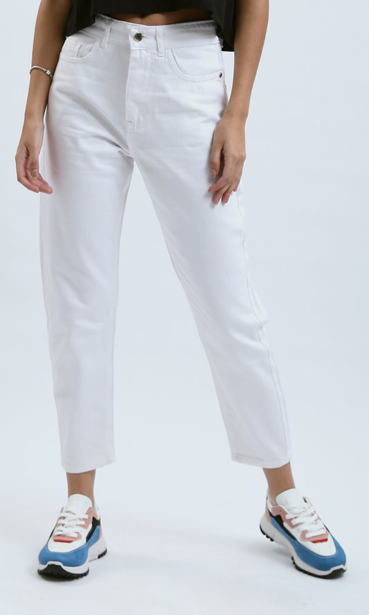 O189389 Casual White Solid Jeans With Double Closure
