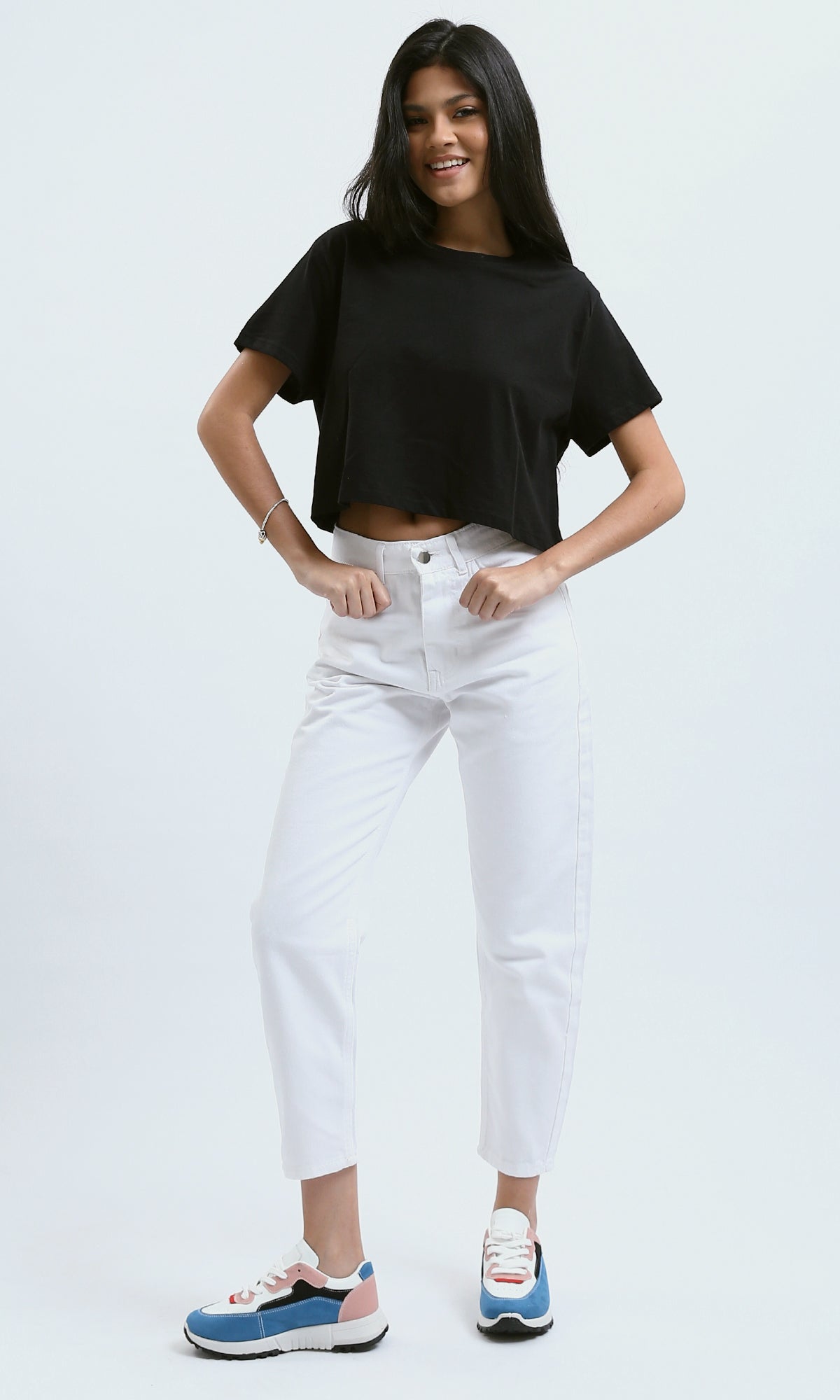 O189389 Casual White Solid Jeans With Double Closure