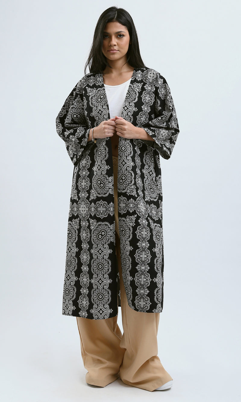 O189399 Black & White Slip On Loose Fit Patterned Cardigan