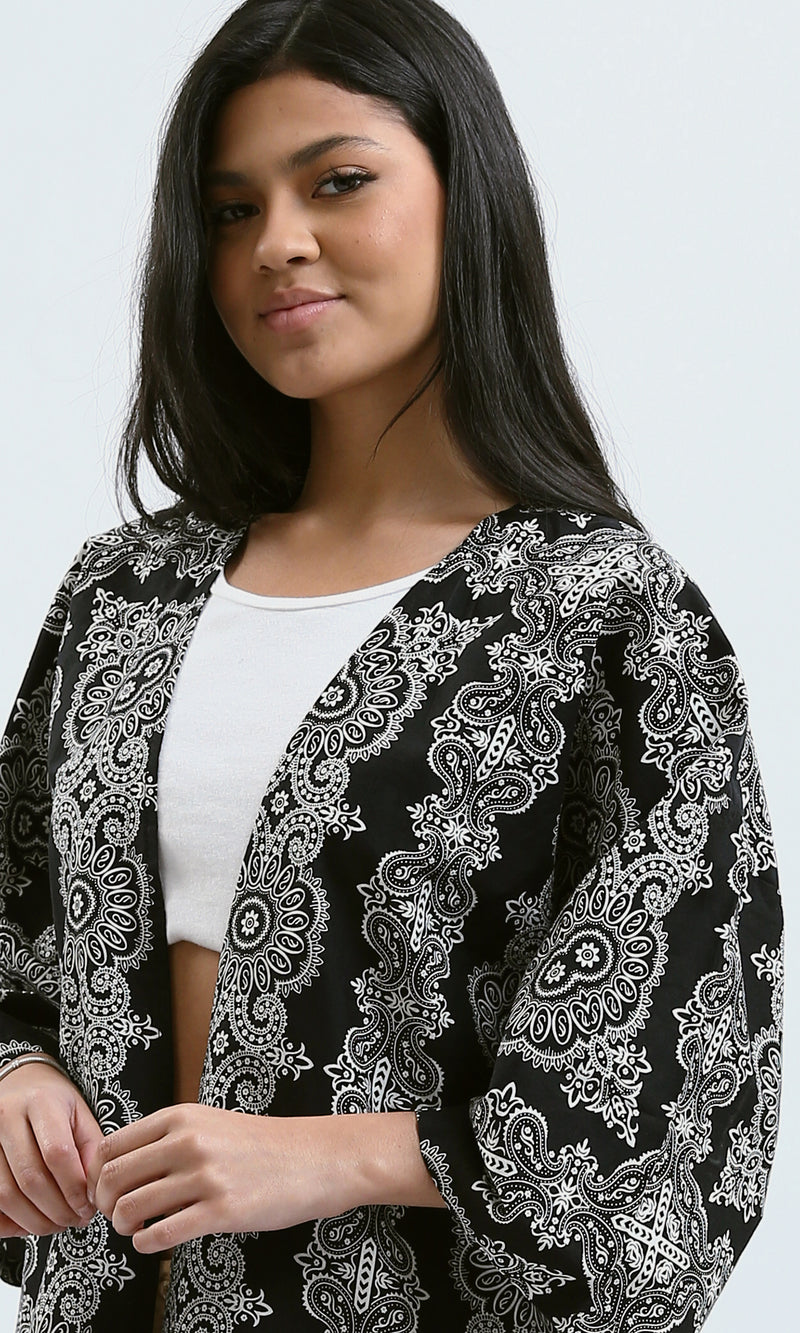 O189399 Black & White Slip On Loose Fit Patterned Cardigan