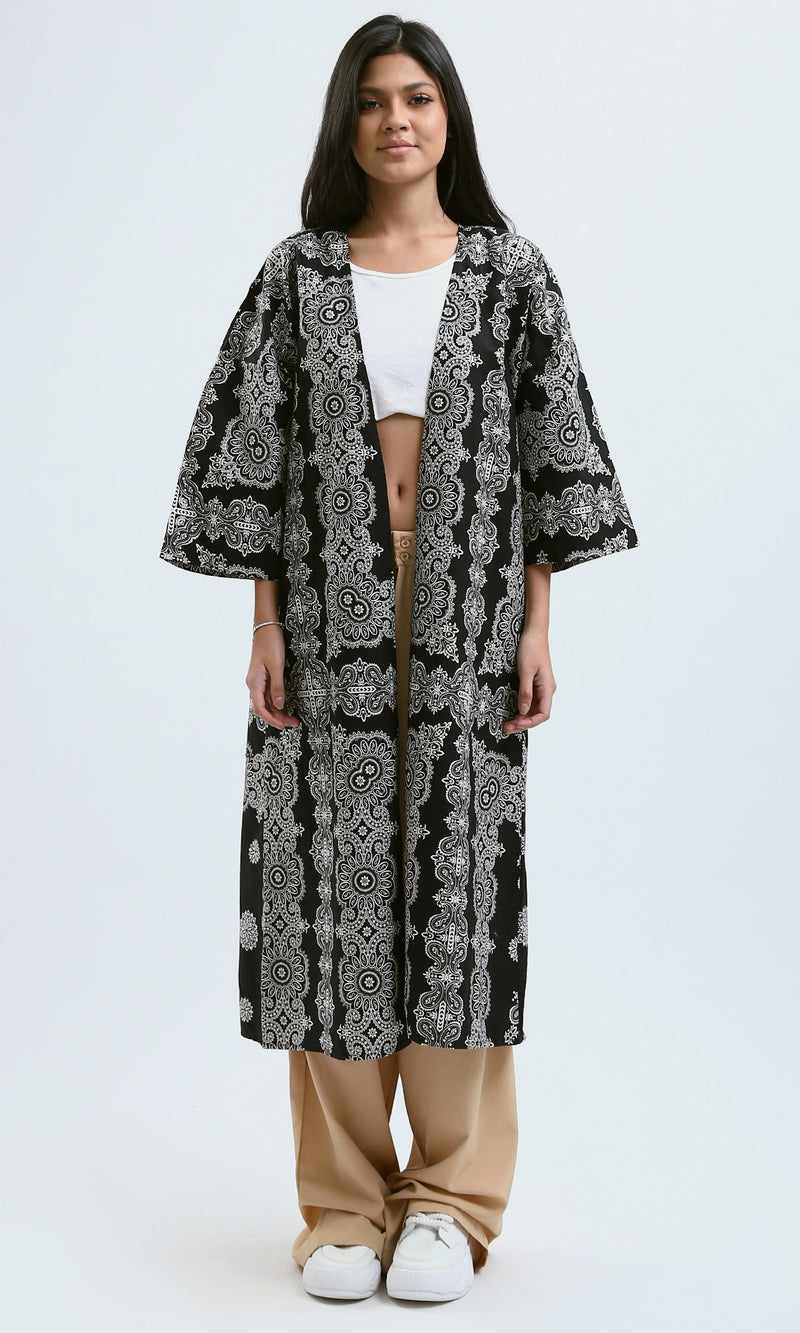 O189399 Black & White Slip On Loose Fit Patterned Cardigan