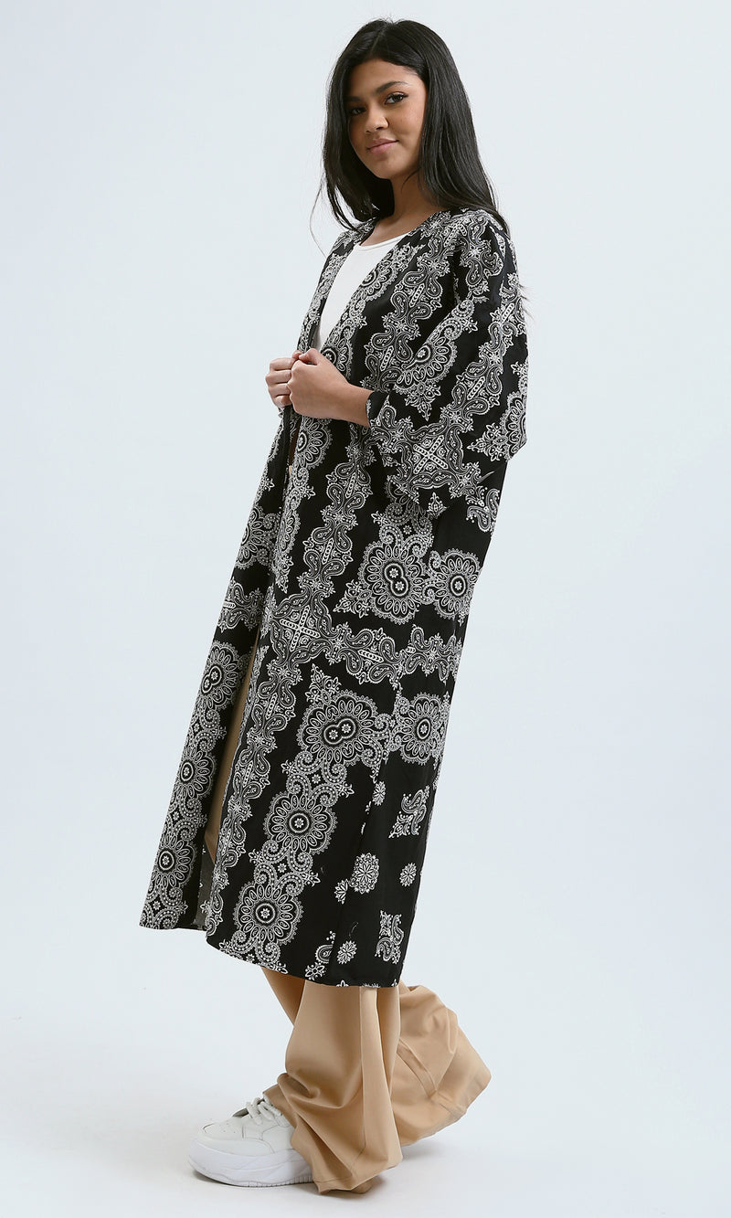 O189399 Black & White Slip On Loose Fit Patterned Cardigan