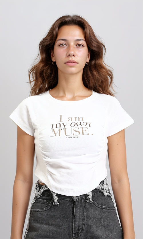 O189404 - Short Sleeves Printed Cotton Tee - White