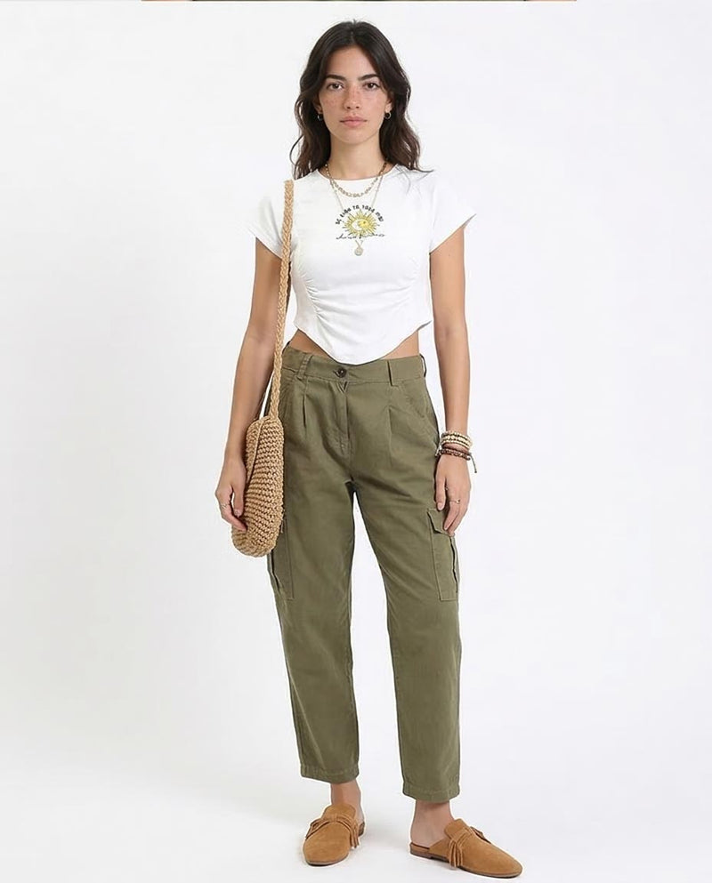 Ravin Women’s Sun & Moon Graphic Ruched Hem Crop Top - White - O189405