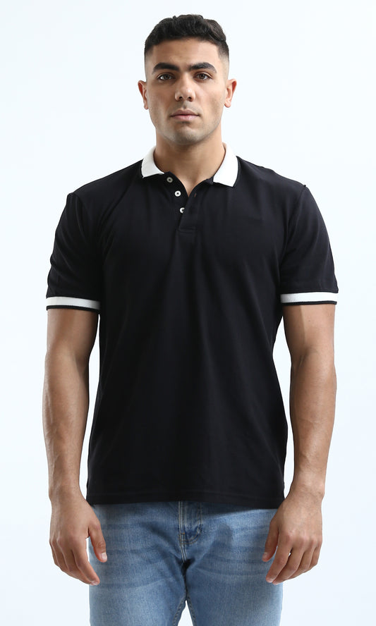 O189610 Elegant Black Polo Shirt With Lined Sleeves